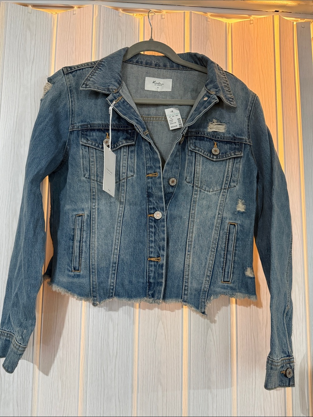 KanCan Medium Blue Distressed Cropped Denim Jacket